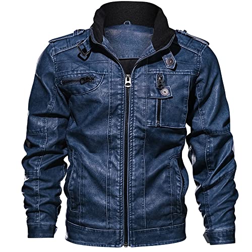 PANBOB Lederjacke Herren Regular Fit Stehkragen Mode Jacke Herren Straße Trend Motorradjacke Herren Frühling Herbst Wind- Und Wasserdicht Übergangsjacke Herren B-Dark Blue 8XL von PANBOB