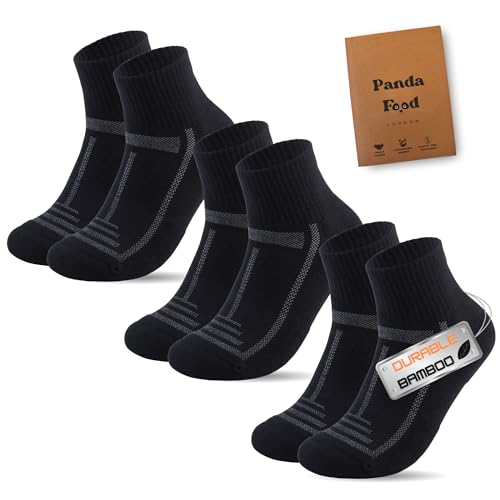 PANDA FOOD 3 Paar hochwertige Bambus-gepolsterte Quarter Crew-Socken | zum Gehen, Laufen, Klettern auf langen Strecken | nahtloser Anti-Blasen-Effekt | für Damen und Herren, Schwarz , 4-8 von PANDA FOOD