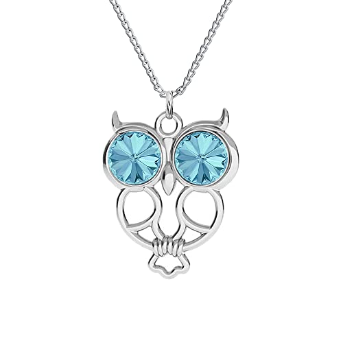 Halskette Damen Silber 925 Kette mit Anhänger Eule Weisheit - Viele Farben - Kette mit Kristallen - Halskette Mädchen Schmuck für Sie - Geschenk Frauen Geschenkbox Handmade: Ketten (Aquamarine) von PANDA LUXURY JEWELLERY