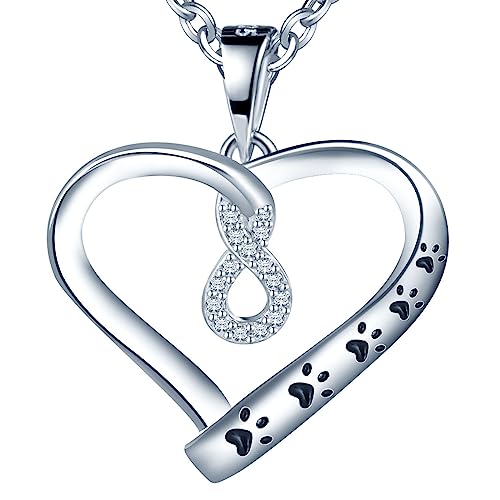 Kette Damen 925 Sterling Silber Halskette Zirkonia Tier Pfotenabdruck Unendlichkeit Liebe Herz Symbol Infinity Herzkette Kette mit Anhänger für Freundin Frau Sie Schmuck Für Mädchen von PANDA LUXURY JEWELLERY