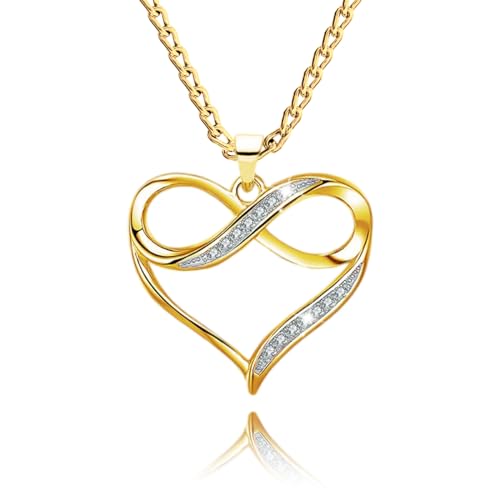 Kette Damen 925 Vergoldet 24K Sterling Silber Halskette Herz mit Zirkonia Unendlichkeit Symbol Infinity Herzkette Liebe Kette mit Anhänger für Freundin Frau Sie Schmuck Für Damen Weihnachten von PANDA LUXURY JEWELLERY