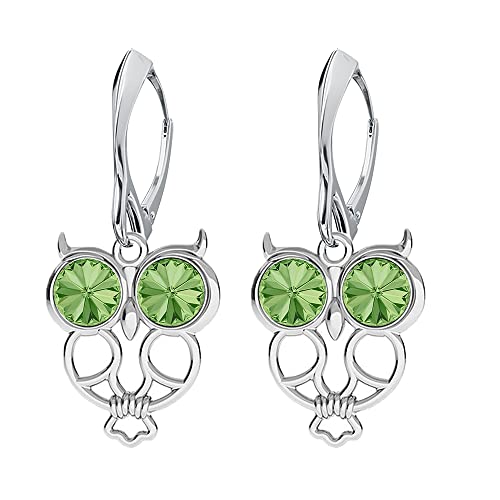 Ohrringe Silber 925 Hängend für Damen Eule Weisheit - Viele Farben - Ohrringe Hängend mit Kristallen Schmuck für Sie Silber Ohrringe Mädchen Geschenk Frau Handmade: Ohrringe (Peridot) von PANDA LUXURY JEWELLERY