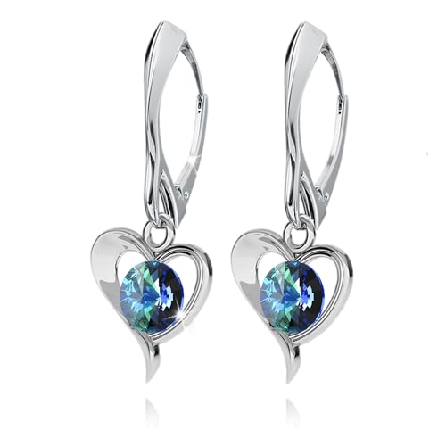 Ohrringe Silber 925 Hängend für Damen Herz Ohrhänger Mädchen Hängeohrringe mit Rund Kristallen Stein Schmuck für Sie Geschenk Muttertag Valentinstag (Bermuda Blue) von PANDA LUXURY JEWELLERY