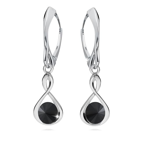 Ohrringe Silber 925 Hängend für Damen Infinity Unendlichkeit Ohrhänger Mädchen Hängeohrringe mit Rund Kristallen Stein 12 Geburtsstein Schmuck für Sie Geschenk Muttertag (09-September - Jet) von PANDA LUXURY JEWELLERY