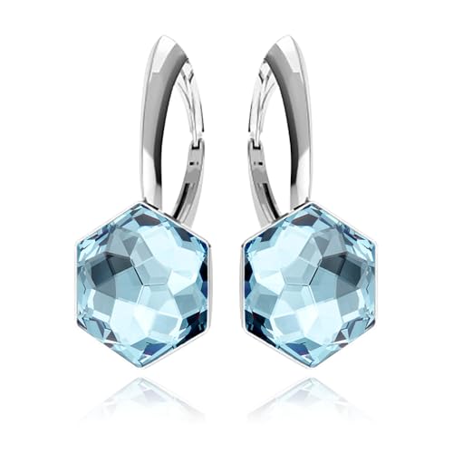 Ohrringe Silber 925 Hängend für Damen Ohrhänger Hängeohrringe mit Hexagon Kristallen Stein 12 Geburtsstein Schmuck für Sie Ohrringe Mädchen Geschenk Muttertag (Aquamarine) von PANDA LUXURY JEWELLERY