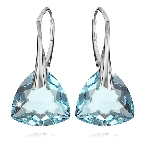 Ohrringe Silber 925 Hängend für Damen Ohrhänger Hängeohrringe mit Triangel Kristallen Dreieck Stein 12 Geburtsstein Schmuck für Sie Ohrringe Mädchen Geschenk Muttertag (02-Februar - Aquamarine) von PANDA LUXURY JEWELLERY