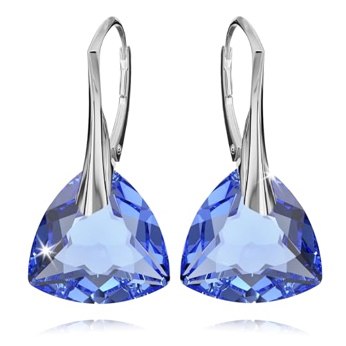 Ohrringe Silber 925 Hängend für Damen Ohrhänger Hängeohrringe mit Triangel Kristallen Dreieck Stein 12 Geburtsstein Schmuck für Sie Ohrringe Mädchen Geschenk Muttertag (03-März - Sapphire) von PANDA LUXURY JEWELLERY