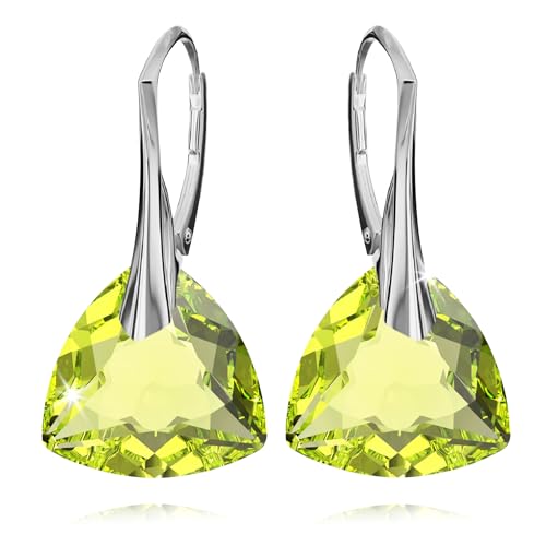 Ohrringe Silber 925 Hängend für Damen Ohrhänger Hängeohrringe mit Triangel Kristallen Dreieck Stein 12 Geburtsstein Schmuck für Sie Ohrringe Mädchen Geschenk Muttertag (14 - Citrus Green) von PANDA LUXURY JEWELLERY