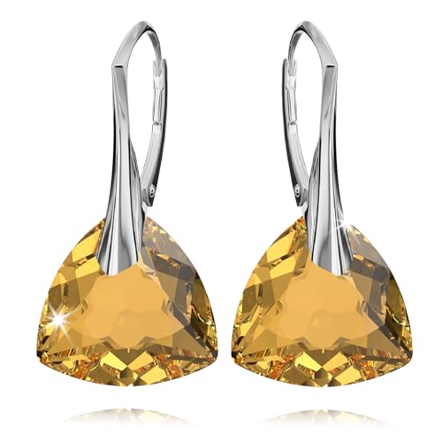 Ohrringe Silber 925 Hängend für Damen Ohrhänger Hängeohrringe mit Triangel Kristallen Dreieck Stein 12 Geburtsstein Schmuck für Sie Ohrringe Mädchen Geschenk Muttertag (15 - Golden Topaz) von PANDA LUXURY JEWELLERY