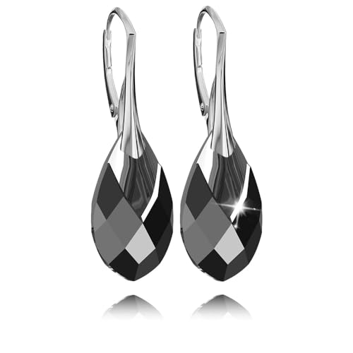 Ohrringe Sterling Silber 925 Hängend für Damen Birne Drop Hängeohrringe Mädchen Modeschmuck Ohrhänger Ohrringe mit Kristallen Schmuck für Sie Geschenk Frau Handmade: Ohrringe (Jet) von PANDA LUXURY JEWELLERY