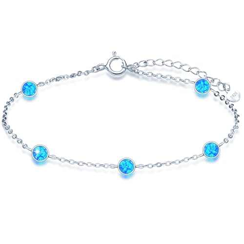PANDA LUXURY JEWELLERY Armband Damen Silber 925 Glänzende Armbänder Opal Rundschliff Elegante Schmuck für Sie Mädchen Blau Opal Armband Einstellbare Länge Damen Armband - Kommt mit Geschenkbox von PANDA LUXURY JEWELLERY