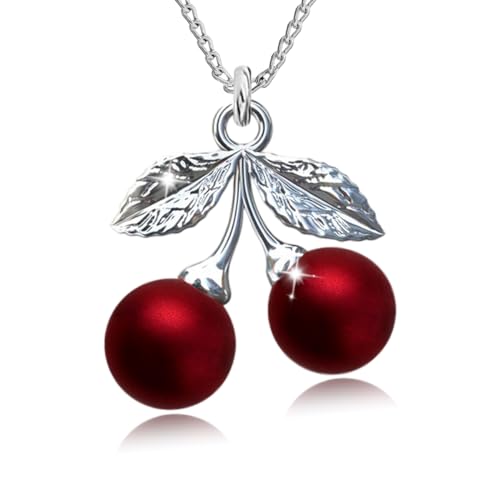 PANDA LUXURY JEWELLERY Kette Damen 925 Sterling Silber Halskette Kirschen mit Rot Perlen Kette mit Anhänger für Freundin Frau Sie Schmuck Für Damen Mädchen Valentinstag Weihnachten Geburtstag von PANDA LUXURY JEWELLERY