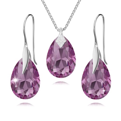 PANDA LUXURY JEWELLERY Schmuckset für Damen Ohrringe Silber 925 Hängend Ohrhänger Haken mit Halskette Birne Kristallen Stein 12 Geburtsstein Kette Damen mit Anhänger Schmuck Mädchen (13 - Amethyst) von PANDA LUXURY JEWELLERY