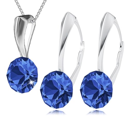 PANDA LUXURY JEWELLERY Schmuckset für Damen Ohrringe Silber 925 Hängend Ohrhänger mit Halskette Xirius Kristallen Stein Kette Damen mit Anhänger Schmuck Mädchen Muttertag (Sapphire) von PANDA LUXURY JEWELLERY