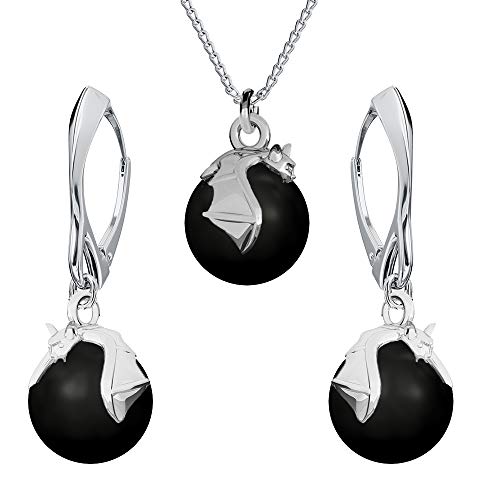 Panda-Jewellery Ohrringe Silber 925 Hängend - Kette Damen mit Anhänger - Schmuck Set für Sie - mit Perlen und Fledermaus - Ohrringe Hängend und Halskette Damen Silber 925 (Mystic Black) von PANDA LUXURY JEWELLERY