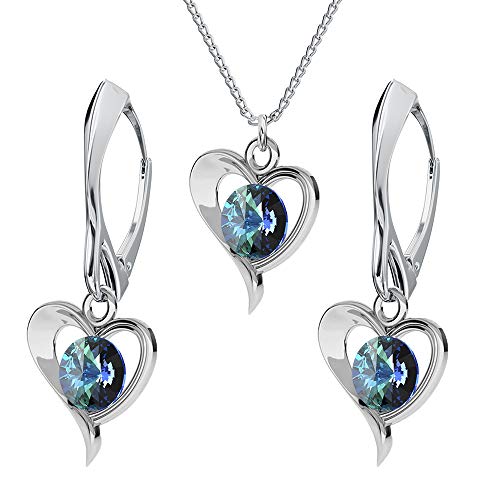 Schmuckset für Damen Herz mit Kristallen Ohrringe Silber 925 Hängend Kette mit Anhänger Schmuck Set für Sie Ohrringe und Halskette Mädchen Geschenk Valentinstag Weihnachten Muttertag (Bermuda Blue) von PANDA LUXURY JEWELLERY