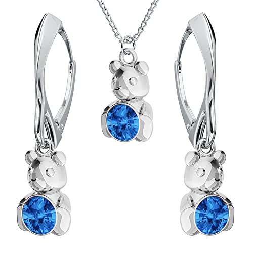 Schmuckset für Damen Ohrringe Silber 925 Hängend Bär - Kette Damen mit Anhänger Schmuck Set für Sie mit Kristallen - Ohrringe Hängend und Halskette Mädchen Geschenk Frauen (Sapphire) von PANDA LUXURY JEWELLERY