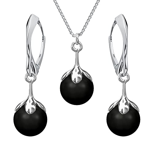 Schmuckset für Damen Ohrringe Silber 925 Hängend Blumen Kette Damen mit Anhänger Schmuck Set für Sie mit Perlen Ohrringe Hängend und Halskette Mädchen Geschenk Frauen (Mystic Black) von PANDA LUXURY JEWELLERY