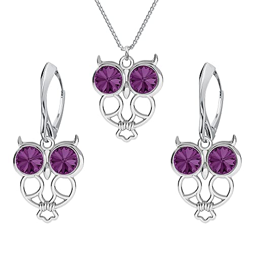 Schmuckset für Damen Ohrringe Silber 925 Hängend Eule Weisheit - Kette Damen mit Anhänger Schmuck Set für Sie mit Kristallen - Ohrringe Hängend und Halskette Mädchen Geschenk Frauen (Amethyst) von PANDA LUXURY JEWELLERY