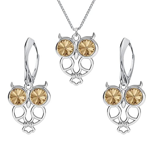 Schmuckset für Damen Ohrringe Silber 925 Hängend Eule Weisheit - Kette Damen mit Anhänger Schmuck Set für Sie mit Kristallen - Ohrringe Hängend und Halskette Mädchen Geschenk Frauen (Golden Shadow) von PANDA LUXURY JEWELLERY