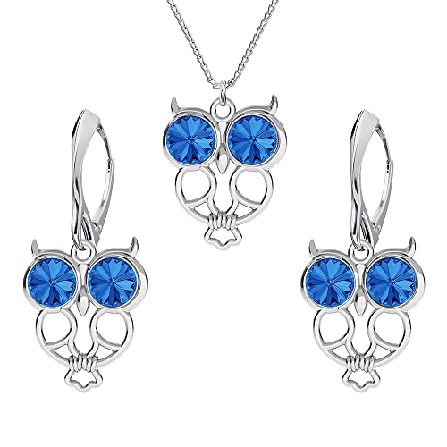 Schmuckset für Damen Ohrringe Silber 925 Hängend Eule Weisheit - Kette Damen mit Anhänger Schmuck Set für Sie mit Kristallen - Ohrringe Hängend und Halskette Mädchen Geschenk Frauen (Sapphire) von PANDA LUXURY JEWELLERY