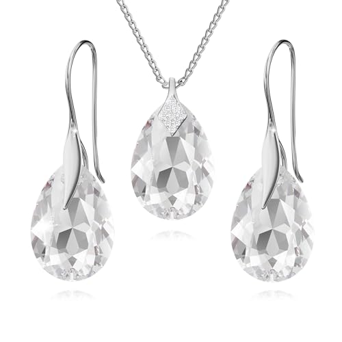 Schmuckset für Damen Ohrringe Silber 925 Hängend Ohrhänger Haken mit Halskette Birne Kristallen Stein 12 Geburtsstein Kette Damen mit Anhänger Schmuck Mädchen (01-Januar - Crystal) von PANDA LUXURY JEWELLERY