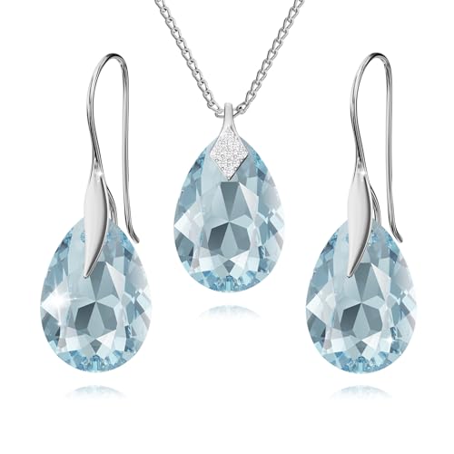 Schmuckset für Damen Ohrringe Silber 925 Hängend Ohrhänger Haken mit Halskette Birne Kristallen Stein 12 Geburtsstein Kette Damen mit Anhänger Schmuck Mädchen (02-Februar - Aquamarine) von PANDA LUXURY JEWELLERY