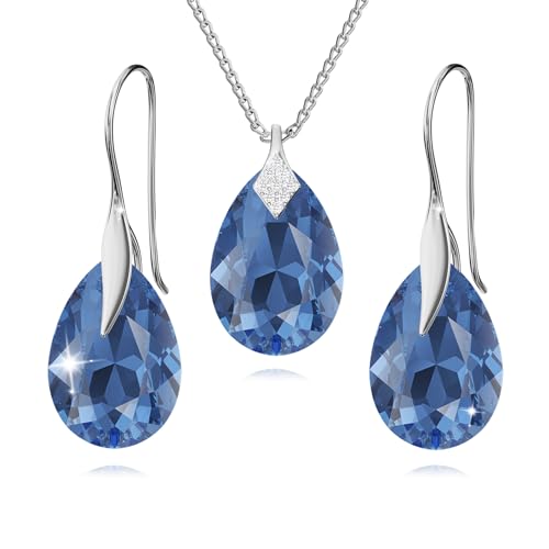 Schmuckset für Damen Ohrringe Silber 925 Hängend Ohrhänger Haken mit Halskette Birne Kristallen Stein 12 Geburtsstein Kette Damen mit Anhänger Schmuck Mädchen (03-März - Sapphire) von PANDA LUXURY JEWELLERY