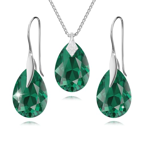 Schmuckset für Damen Ohrringe Silber 925 Hängend Ohrhänger Haken mit Halskette Birne Kristallen Stein 12 Geburtsstein Kette Damen mit Anhänger Schmuck Mädchen (05-Mai - Emerald) von PANDA LUXURY JEWELLERY