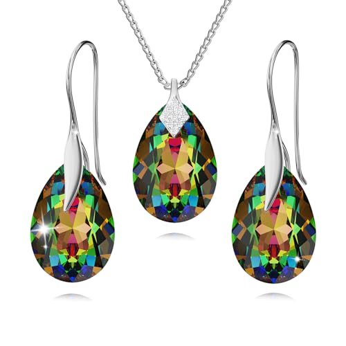 Schmuckset für Damen Ohrringe Silber 925 Hängend Ohrhänger Haken mit Halskette Birne Kristallen Stein 12 Geburtsstein Kette Damen mit Anhänger Schmuck Mädchen (12-Dezember - Vitrail Medium) von PANDA LUXURY JEWELLERY