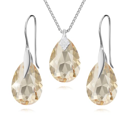 Schmuckset für Damen Ohrringe Silber 925 Hängend Ohrhänger Haken mit Halskette Birne Kristallen Stein 12 Geburtsstein Kette Damen mit Anhänger Schmuck Mädchen (14 - Golden Shadow) von PANDA LUXURY JEWELLERY