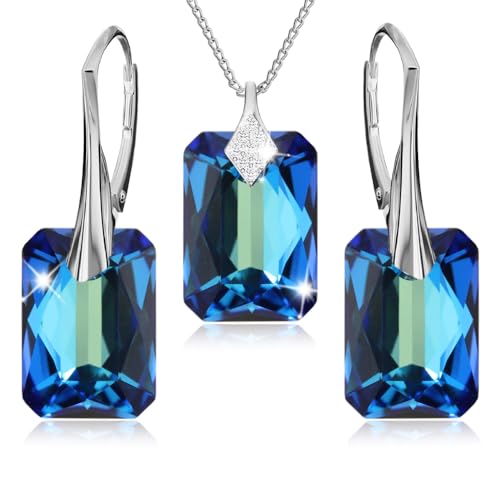 Schmuckset für Damen Ohrringe Silber 925 Hängend Rechteckig - Kette Damen mit Anhänger - Schmuck Set für Sie mit Kristallen - Ohrringe Hängend und Halskette Mädchen Geschenk Frauen (Bermuda Blue) von PANDA LUXURY JEWELLERY