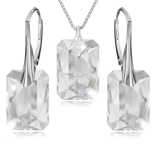 Schmuckset für Damen Ohrringe Silber 925 Hängend Rechteckig - Kette Damen mit Anhänger - Schmuck Set für Sie mit Kristallen - Ohrringe Hängend und Halskette Mädchen Geschenk Frauen (Crystal) von PANDA LUXURY JEWELLERY