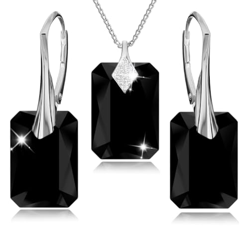 Schmuckset für Damen Ohrringe Silber 925 Hängend Rechteckig - Kette Damen mit Anhänger - Schmuck Set für Sie mit Kristallen - Ohrringe Hängend und Halskette Mädchen Geschenk Frauen (Jet) von PANDA LUXURY JEWELLERY