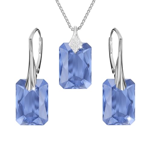 Schmuckset für Damen Ohrringe Silber 925 Hängend Rechteckig - Kette Damen mit Anhänger - Schmuck Set für Sie mit Kristallen - Ohrringe Hängend und Halskette Mädchen Geschenk Frauen (Sapphire) von PANDA LUXURY JEWELLERY