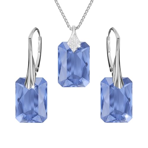 Schmuckset für Damen Ohrringe Silber 925 Hängend Rechteckig - Kette Damen mit Anhänger - Schmuck Set für Sie mit Kristallen - Ohrringe Hängend und Halskette Mädchen Geschenk Frauen (Sapphire) von PANDA LUXURY JEWELLERY