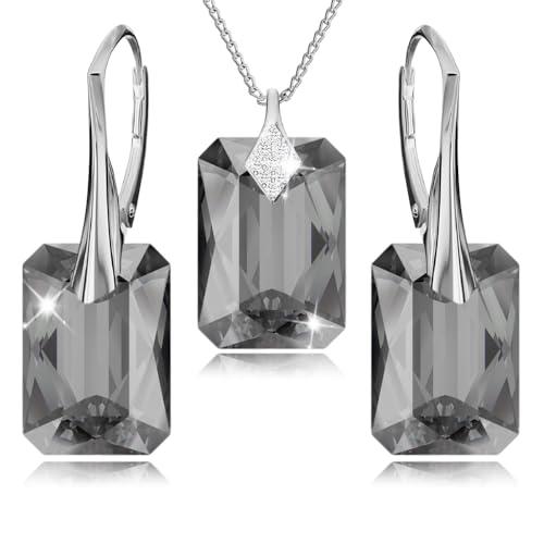 Schmuckset für Damen Ohrringe Silber 925 Hängend Rechteckig - Kette Damen mit Anhänger - Schmuck Set für Sie mit Kristallen - Ohrringe Hängend und Halskette Mädchen Geschenk Frauen (Silver Night) von PANDA LUXURY JEWELLERY