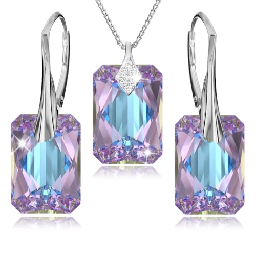 Schmuckset für Damen Ohrringe Silber 925 Hängend Rechteckig - Kette Damen mit Anhänger - Schmuck Set für Sie mit Kristallen - Ohrringe Hängend und Halskette Mädchen Geschenk Frauen (Vitrail Light) von PANDA LUXURY JEWELLERY