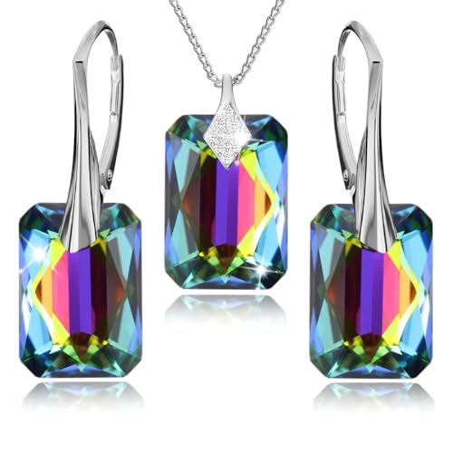 Schmuckset für Damen Ohrringe Silber 925 Hängend Rechteckig - Kette Damen mit Anhänger - Schmuck Set für Sie mit Kristallen - Ohrringe Hängend und Halskette Mädchen Geschenk Frauen (Vitrail Medium) von PANDA LUXURY JEWELLERY