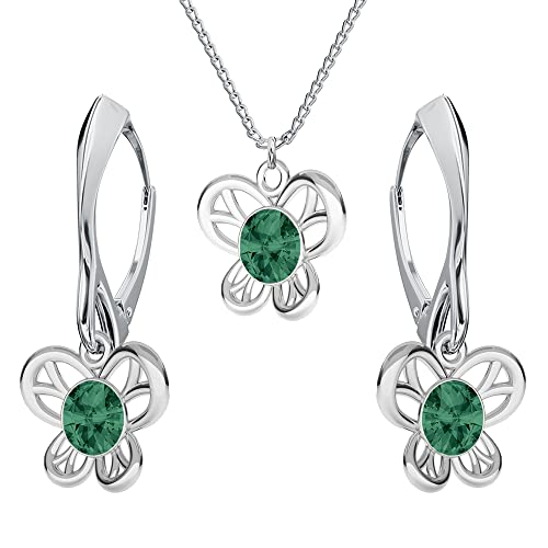 Schmuckset für Damen Ohrringe Silber 925 Hängend Schmetterling - Kette Damen mit Anhänger Schmuck Set für Sie mit Kristallen - Ohrringe Hängend und Halskette Mädchen Geschenk Frauen (Emerald) von PANDA LUXURY JEWELLERY