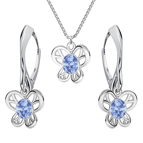 Schmuckset für Damen Ohrringe Silber 925 Hängend Schmetterling - Kette Damen mit Anhänger Schmuck Set für Sie mit Kristallen - Ohrringe Hängend und Halskette Mädchen Geschenk Frauen (Light Sapphire) von PANDA LUXURY JEWELLERY