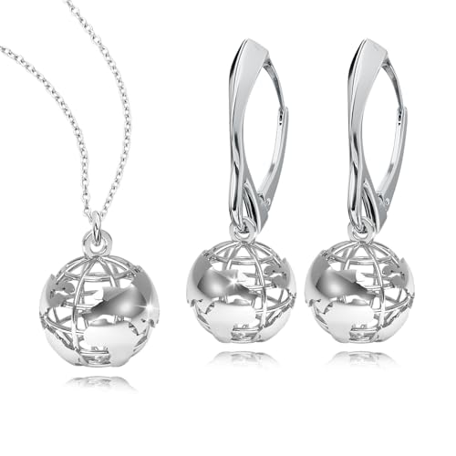 Schmuckset für Damen Ohrringe Silber 925 Hängend Weltkarte Globus Kette Damen mit Anhänger Schmuck Set für Sie Ohrringe Hängend und Halskette Mädchen Geschenk Valentinstag Weihnachten Muttertag von PANDA LUXURY JEWELLERY