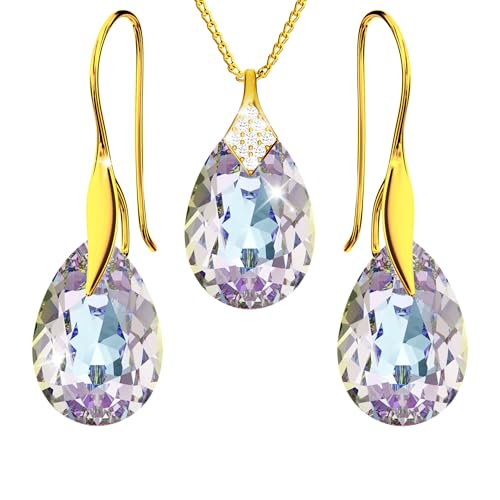 Schmuckset für Damen Ohrringe Vergoldet Silber 925 Hängend Haken mit Halskette Birne Kristallen Stein 12 Geburtsstein Kette Damen mit Anhänger Schmuck Mädchen (06-Juni - Vitrail Light) von PANDA LUXURY JEWELLERY