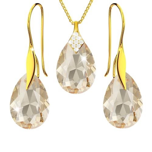 Schmuckset für Damen Ohrringe Vergoldet Silber 925 Hängend Haken mit Halskette Birne Kristallen Stein 12 Geburtsstein Kette Damen mit Anhänger Schmuck Mädchen (14 - Golden Shadow) von PANDA LUXURY JEWELLERY