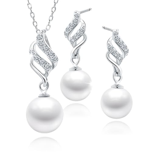 Schmuckset für Damen mit Perlen und Zirkonia Ohrringe Silber 925 Hängend Ohrstecker Kette mit Anhänger Schmuck Set für Sie Halskette Mädchen Geschenk Valentinstag Weihnachten Muttertag von PANDA LUXURY JEWELLERY