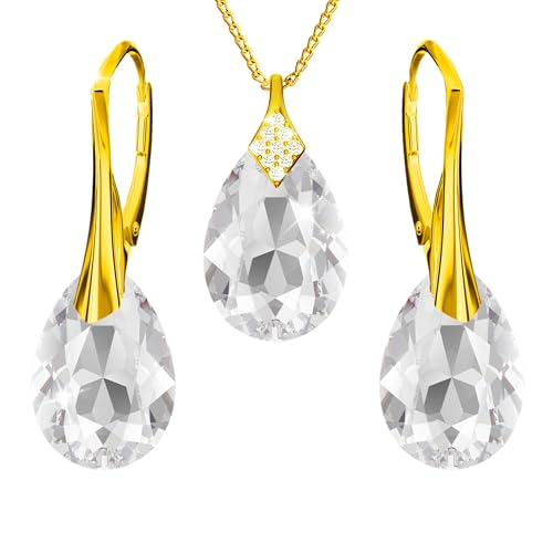 Vergoldet 24K Schmuckset für Damen Ohrringe Silber 925 Hängend Ohrhänger mit Halskette Birne Kristallen Stein 12 Geburtsstein Kette Damen mit Anhänger Schmuck Mädchen (01-Januar - Crystal) von PANDA LUXURY JEWELLERY