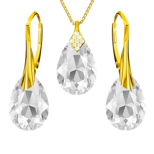 Vergoldet 24K Schmuckset für Damen Ohrringe Silber 925 Hängend Ohrhänger mit Halskette Birne Kristallen Stein 12 Geburtsstein Kette Damen mit Anhänger Schmuck Mädchen (01-Januar - Crystal) von PANDA LUXURY JEWELLERY