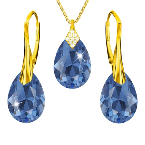 Vergoldet 24K Schmuckset für Damen Ohrringe Silber 925 Hängend Ohrhänger mit Halskette Birne Kristallen Stein 12 Geburtsstein Kette Damen mit Anhänger Schmuck Mädchen (03-März - Sapphire) von PANDA LUXURY JEWELLERY