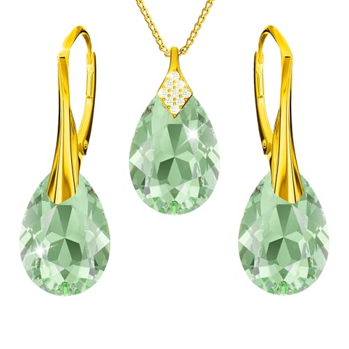 Vergoldet 24K Schmuckset für Damen Ohrringe Silber 925 Hängend Ohrhänger mit Halskette Birne Kristallen Stein 12 Geburtsstein Kette Damen mit Anhänger Schmuck Mädchen (04-April - Peridot) von PANDA LUXURY JEWELLERY