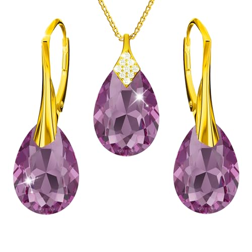 Vergoldet 24K Schmuckset für Damen Ohrringe Silber 925 Hängend Ohrhänger mit Halskette Birne Kristallen Stein 12 Geburtsstein Kette Damen mit Anhänger Schmuck Mädchen (13 - Amethyst) von PANDA LUXURY JEWELLERY